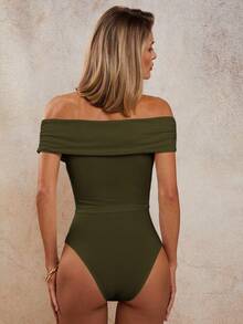 COSMINA Women's Solid Color Off-Shoulder Twist Design Bodysuit - Green - View 2