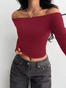 少女酒红色露肩修身休闲长袖基础款T恤 - 酒紅色 - 查看 7