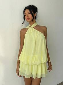 Aloruh 优雅性感纯色露背吊带迷你连衣裙，夏季 - 淡黃色 - 查看 7