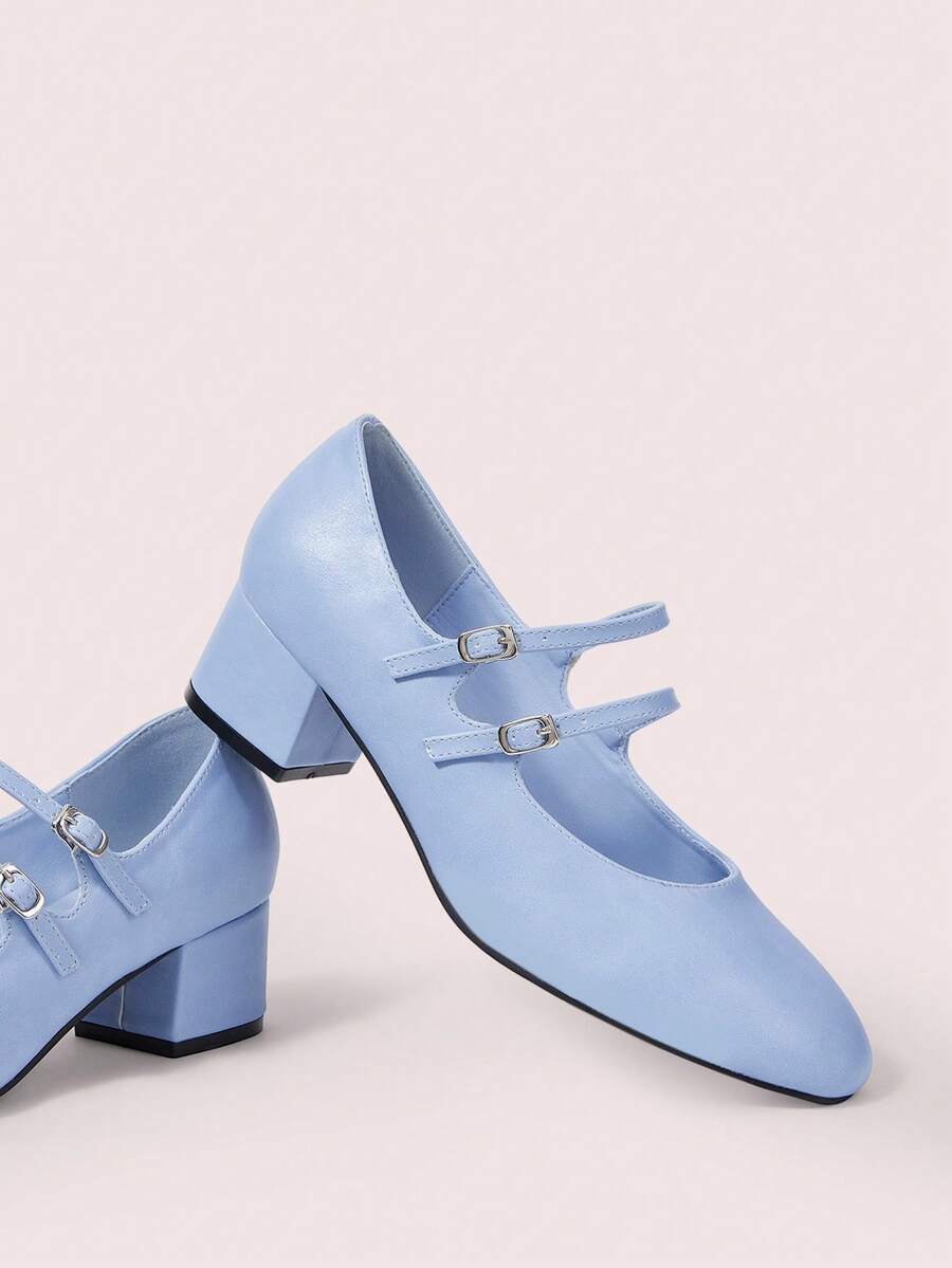 CUCCOO DOLLMOD Light Blue Mary Jane Shoes, Square Toe Double Strap Women's Shoes, Thick Heel And High Heel. - Blue - View 1