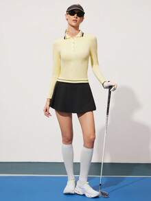 CourtClass Women's Striped Long Sleeve Single-Breasted Golf Polo Shirt - Cream - View 3