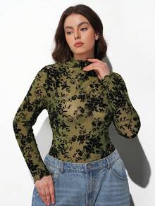 Maija 大码女式绿色花卉植绒网纱高领长袖上衣（不含胸罩）圣帕特里克节女装复活节夏季复活节女装派对上衣海滩夏季假期每个假期女装夏季外出毕业休闲花卉长袖上衣 - 軍綠色 - 查看 4