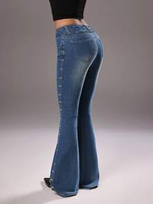 TRNVIE Retro Casual Rivet Decor Low Waist Flare Leg Jeans - Medium Wash - View 2