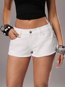 TRNVIE Fashionable Casual Distressed Low Waist Denim Shorts - Medium Wash - View 4