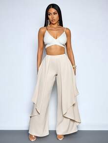 SOLERSUN Women's Elegant Layered Irregular Hem Flowy Low-Waisted Trousers - Apricot - View 5