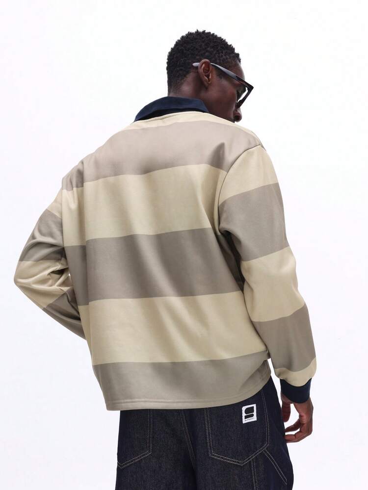 Horizontal Stripe Collared Long Sleeve Polo