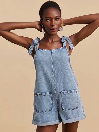 Travachic Women's Light Blue Denim Overalls, Summer Overalls Shorts With Pockets And Bow Tie.Summer Vacation Outfits, Outdoor Clothing
