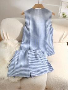 Franclia 女士条纹前系带背心和裙裤休闲两件套 - 彩色 - 查看 2