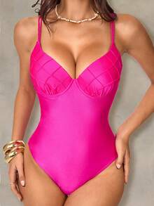 Shapewave 26SS Spring/Summer Vacation Beach Sexy Tummy Control Push-Up Fuchsia Mature Grid One-Piece Swimsuit - Hot Pink - View 6