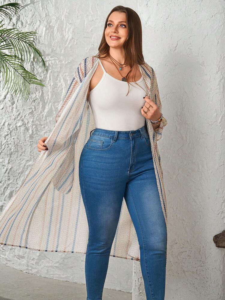 Plus Size Women Casual Striped Open Front Long Cardigan\Summer\Vacation Women Casual Outfits Women Spring Outfit Plus Size Clothes For Women Plus Size Summer Cardigan Summer Outfits For Women  Beach Outfit For Women  Casual  Vacation Outfits Women Country Concert Outfit Peplum