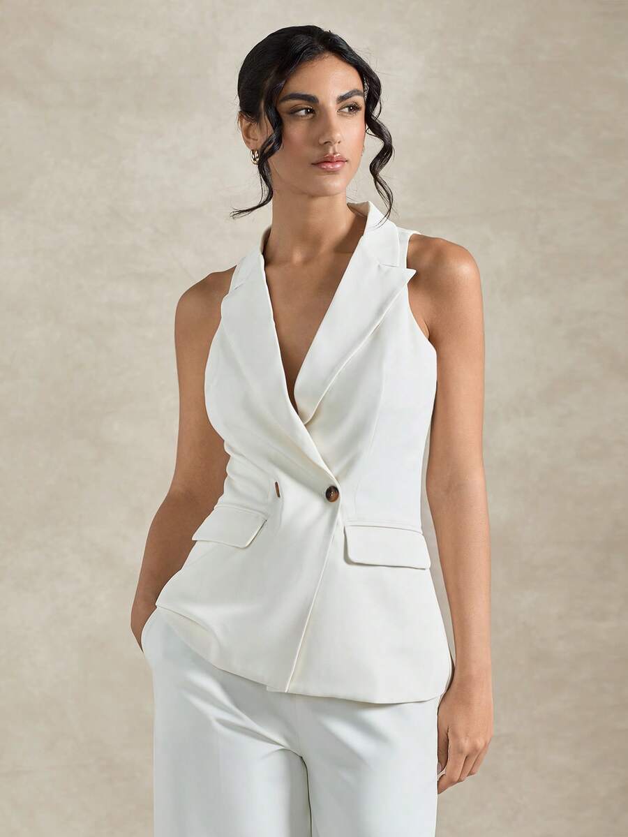 Briarwyn Conjunto de Terno Feminino com Blazer Casual de Gola Mandarim de Cor Sólida, Sem Mangas, Dupla Fileira de Botões, Fino, Roupas de Trabalho Elegantes para Mulheres de Escritório, Vestido Formal, Branco, Traje de Formatura, Cerimônia de Formatura - Damasco - Visão 1