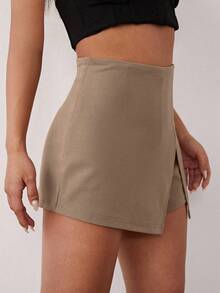 SHEIN Cottnline Plus Size Solid Color Split Front Skort Split Thigh Skort Asymmetrical Skort - Khaki - View 4