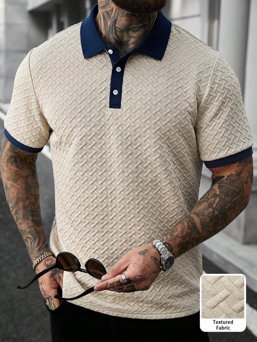 Manfinity CasualCool 男士纹理撞色短袖休闲通勤 Polo 衫，学院风图案 Polo 衫，男士纽扣针织 Polo 衫，男士 Polo 衫，男士高尔夫球衫，男士针织衫，适合日常休闲、周末旅行、远足、轻松的工作环境，可作为男友/丈夫礼物、周年纪念/生日礼物、派对、暑假、假日、婚礼等场合穿着。