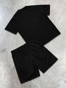 PAVTROS Men's Letter Print Round Neck Short Sleeve Casual T-Shirt And Drawstring Waist Shorts Set - Black - View 2