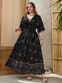SHEIN LUNE 宽松蝙蝠袖连衣裙，休闲度假风，优雅西式长裙，适合大码女性，通体印花，波西米亚风，夏季装扮 - 彩色 - 查看 6