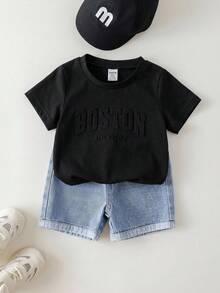 SHEIN 男婴夏季休闲字母印花T恤和浅蓝色短裤两件套 - 黑色 - 查看 11