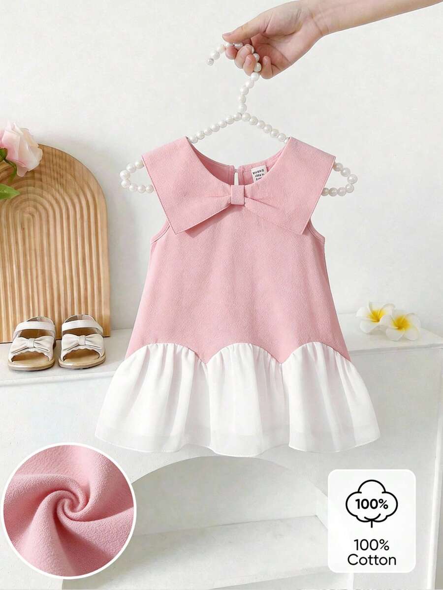 SHEIN Baby Girls' Cute Butterfly Collar Matching White Chiffon Hem Pink Dress, Suitable For Everyday Cute & Elegant Outfit - Multicolor - View 1