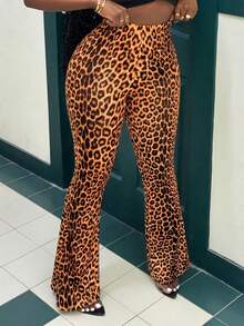 SHEIN SXY High Waisted Leopard Print Flare Pants Party Date Pants Leopard Print Pants Women's Pants - Yellow - View 6