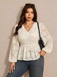 Elaquor Blusa feminina plus size com mangas bufantes franzidas, cintura franzida e barra com babados. - Damasco - Ver 4