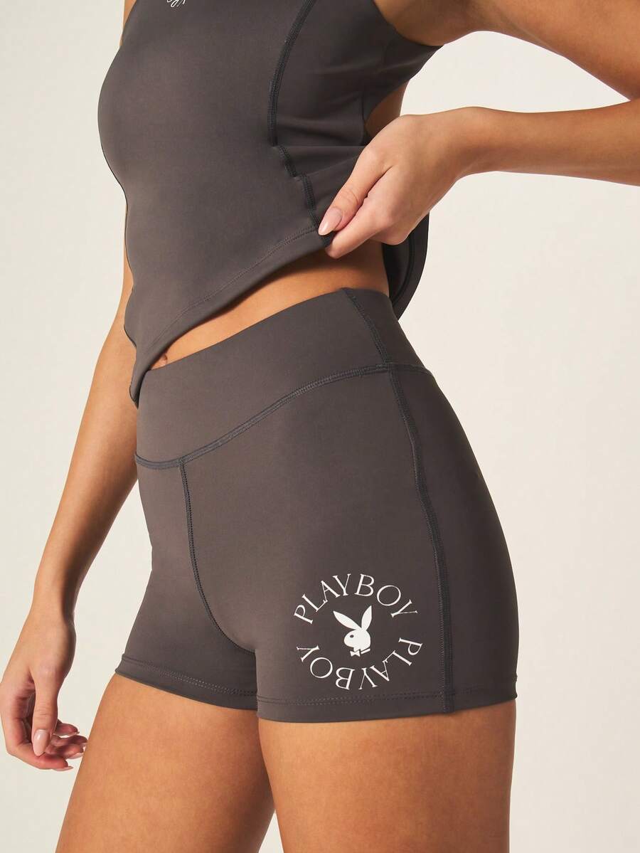 Missguided x Playboy High Rise Active Cycling Compression Shorts With Bunny Logo Print - Dark Grey - View 1