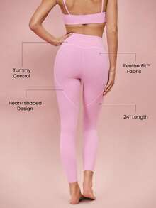 GLOWMODE 24" FeatherFit™ Workout Lover Buttery-Soft Sweat-Wicking Contrasting Seam Tummy Control Booty-Lifting Leggings Low Impact Yoga Pilates Studio Gym Daily Active Casual Wear - Pink - View 4