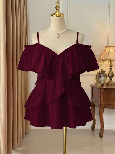 Rometta Plus Size Solid Color Romantic Ruffled Sleeve Design Camisole Shirt Peplum Top Women Summer Shirts Summer Clothes Women Clothes