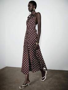 Lumivelle Women's Sleeveless Polka Dot Belted Dress With Mandarin Collar And Open Front - Dark Brown - View 3