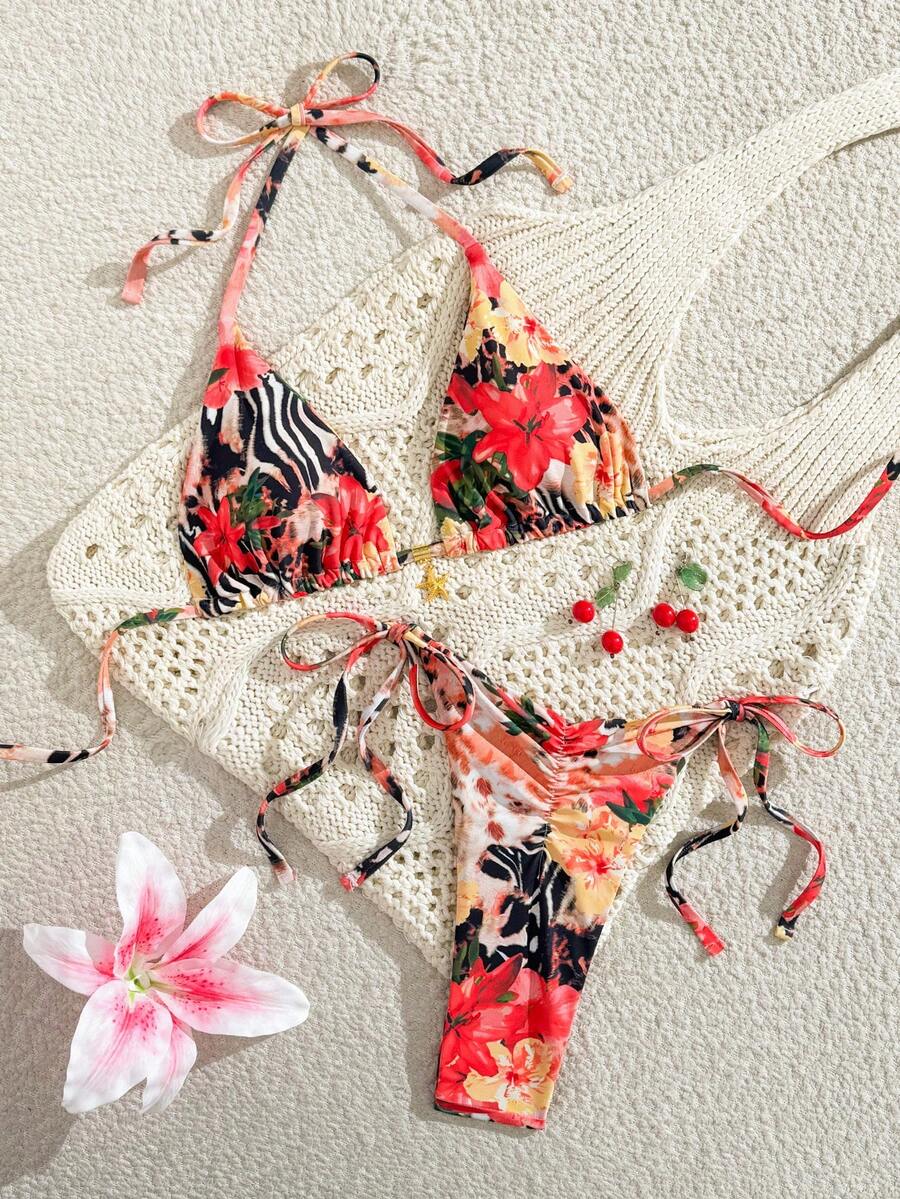 Swim Vcay 新款多色动植物印花、豹纹、斑马纹高腰侧系带双面印花海星装饰浪漫海滩度假比基尼两件套泳衣,女士春夏波西米亚风比基尼套装,波西米亚风泳装,花卉比基尼套装,花朵比基尼泳装 - 彩色 - 查看 1