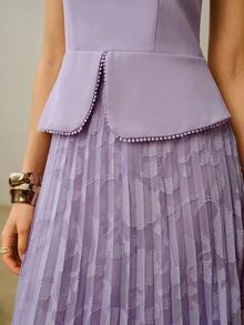 ZEYLAH Elegant Patchwork 2 In 1 Cut-Out Pleat Dress - Mauve Purple - View 2