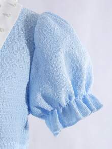 SHEIN Tween Girl Contrast Collar Detachable Bow Textured Fabric Dress, Elegant Academic Lady Style - Blue - View 3