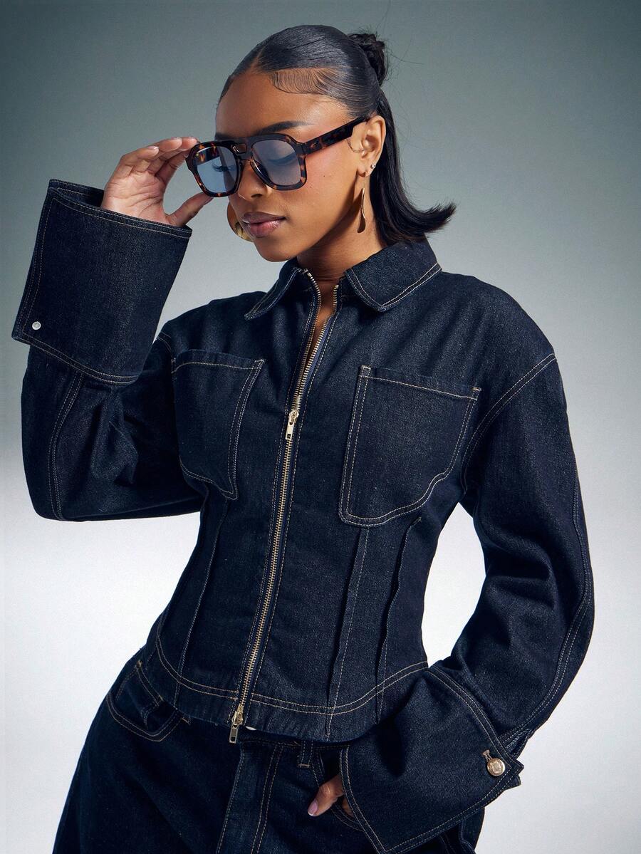 Denimoi Two Way Zip Cinched Waist Long Sleeve Denim Top Fashion Denim Tops Streetwear Denim On Denim - Dark Wash - View 1