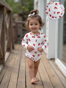 1件婴儿/女婴长袖连体泳衣，带拉链，可爱蝴蝶结和花朵印花，含帽子 - 白色 - 查看 6