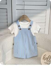 Newborn Baby Boy Cute Vacation Casual Versatile Striped Bib Romper - Blue - View 6