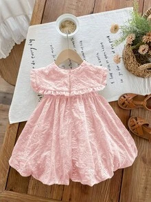 SHEIN LMoss Kids Robe d'été mignonne pour bébé fille avec col Peter Pan brodé de fleurs, couleur abricot - Rose bonbon - Voir 2