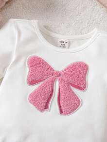 女婴可爱夏季休闲针织蝴蝶结短袖T恤和条纹裤套装 - 粉色 - 查看 7