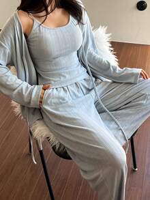 DAZY 3pcs Set Jacquard Knit Tie Cardigan, Camisole & Long Pajama Pants Sleepwear Set For Women - Blue - View 5