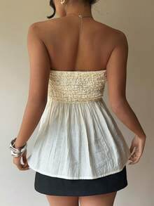 Siren Gaze Women Strapless Smocked Bodice Flared Hem Sleeveless Top, Summer Ladies Casual Wear, Ruffle Trim Strapless Top, Tube Top, Baby Doll Top, Summer Clothes Babydoll Tops Women White Strapless Top Dress Top Summer Tube Top Babydoll Tops For Women Tops For Women For Summer Beautiful Top Beautiful Tops For Women - Apricot - View 2