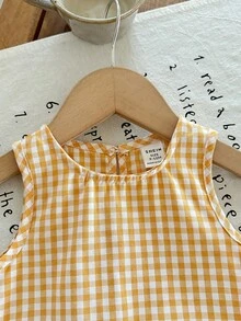 SHEIN LMoss Kids Babygirl Summer Cute Pink & White Plaid Ruffle Sleeveless Top And Elastic Waist Loose Pants Set - Yellow - View 4
