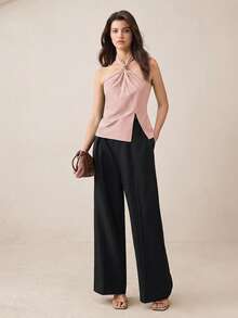 BizChic Áo hai dây nữ mùa Xuân/Hè mới, cổ buộc nơ, trang trí kim loại, vạt xẻ bất đối xứng, đa năng cho công sở, trang trọng, thường ngày, lãng mạn, phong cách Y2K, retro thập niên 90, tiệc tùng, đám cưới, mặc hàng ngày. - Hồng - Xem 5