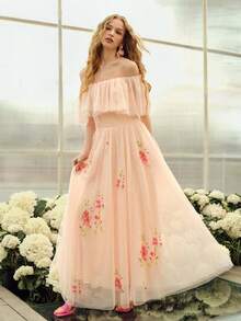 MOTF PREMIUM VESTIDO DE MUJER CON VOLANTES ROMÁNTICOS HOMBROS DESCUBIERTOS Y CINTURA ACAMPANADA, PRIMAVERA/VERANO - Rosa coral - Ver 4