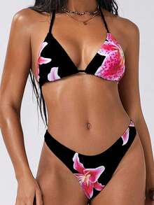 Swim SXY Women's 2pcs Floral Print Sexy V-Neck Halter Tie Bikini Set Set - Multicolor - View 4