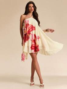 SHEIN BAE Đầm ngắn xòe xếp ly cổ yếm bằng chiffon in hoa đỏ trên nền vàng, đầm hoa, đầm đi biển, đầm gợi cảm. - Màu vàng - Xem 7