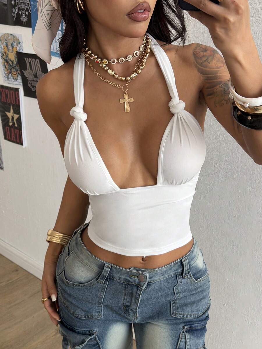 StreetHx Women's V-Neck Backless Spaghetti Strap Camisole, Fitted - White - View 1