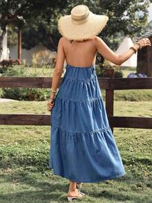 Breezaya Women's Vacation Style Sweet Sexy V-Neck Backless Spaghetti Strap Maxi Denim Dress Spring Summer  Vacation - Medium Wash - View 2