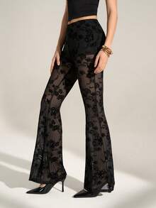 SHEIN Tall 女士性感植绒透视网纱喇叭裤，黑色裤子 - 黑色 - 查看 7