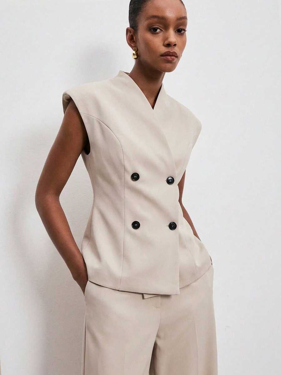 ATUI Studio Conjunto de top asimétrico sin mangas de cuello en V y pantalones anchos de pierna ancha para mujer, de moda para ir al trabajo - Caqui - Ver 1