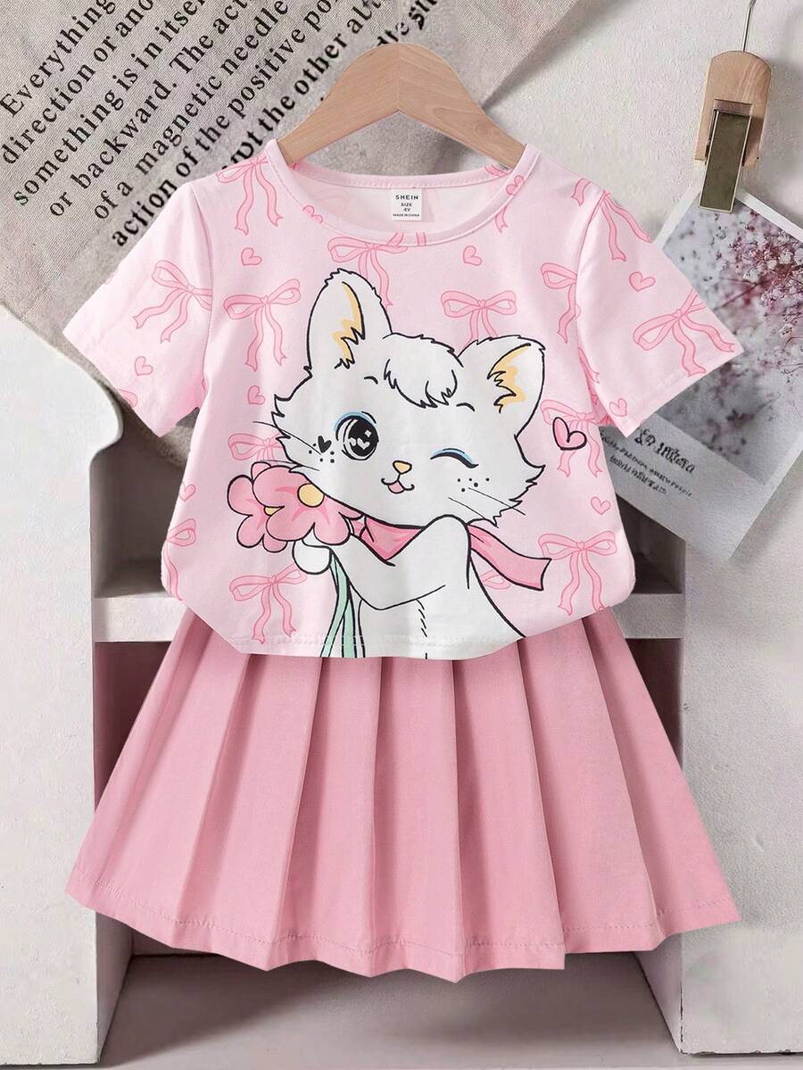 Ensemble T-shirt court en tricot à col rond avec imprimé nœud mignon de style Y2K pour filles + Jupe mini plissée de couleur unie - Rose bonbon - Voir 1