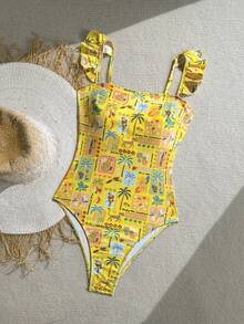 Soleia Áo tắm liền thân nữ kiểu dáng kín đáo, dễ thương, họa tiết nhiệt đới, viền bèo nhún, thích hợp cho kỳ nghỉ biển và mùa hè. - Màu vàng - Xem 5