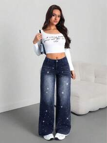 SHEIN Tall Women's Skinny Fit Straight Leg Jeans, Black With Rhinestone Embellishment Glitter Jeans Wide Leg Jeans Woman Rhinestone Jeans Wide Leg Jeans Jeans With Rhinestones - Dark Wash - View 6
