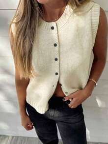 INAWLY Women's Solid Color Crew Neck Button Front Sleeveless Casual Knit Top - White - View 1